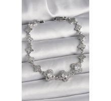 Pirinç Gümüş Renk Zirkon Taşlı Yonca Model Kadın Bileklik - TJ-BB6813