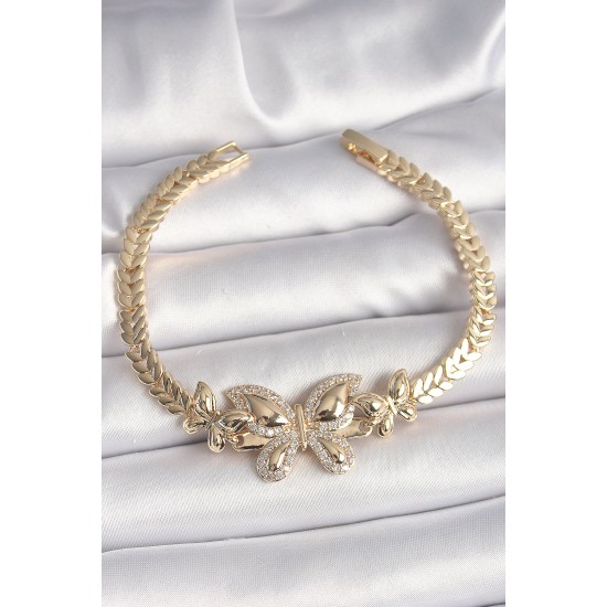 Pirinç Gold Renk Zirkon Taşlı Kelebek Model Kadın Bileklik - TJ-BB6814
