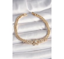 Pirinç Gold Renk Zirkon Taşlı Çiçek Figür Arpa Zincir Model Kadın Bileklik - TJ-BB6816