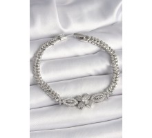 Pirinç Gümüş Renk Zirkon Taşlı Çiçek Figür Arpa Zincir Model Kadın Bileklik - TJ-BB6817