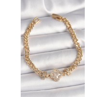 Pirinç Gold Renk Zirkon Taşlı Yonca Figür Zincir Model Kadın Bileklik - TJ-BB6818