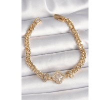 Pirinç Gold Renk Zirkon Taşlı Yonca Figür Zincir Model Kadın Bileklik - TJ-BB6818