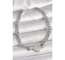 Pirinç Gümüş Renk Zirkon Taşlı Yonca Figür Zincir Model Kadın Bileklik - TJ-BB6819