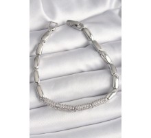 Pirinç Gümüş Renk Zirkon Taşlı Arpa Zincir Model Kadın Bileklik - TJ-BB6821