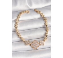 Pirinç Gold Renk Zirkon Taşlı Yonca Model Zincir Kadın Bileklik - TJ-BB6822