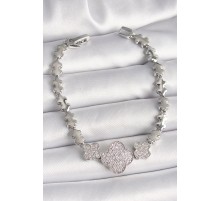 Pirinç Gümüş Renk Zirkon Taşlı Yonca Model Zincir Model Kadın Bileklik - TJ-BB6823