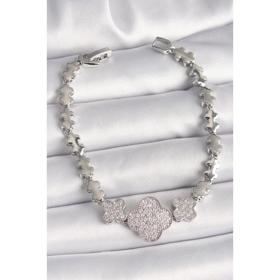 Pirinç Gümüş Renk Zirkon Taşlı Yonca Model Zincir Model Kadın Bileklik - TJ-BB6823