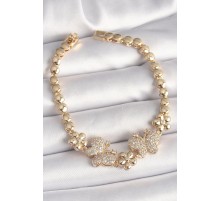 Pirinç Gold Renk Zirkon Taşlı Kelebek Figür Çiçek Zincir Model Kadın Bileklik - TJ-BB6826