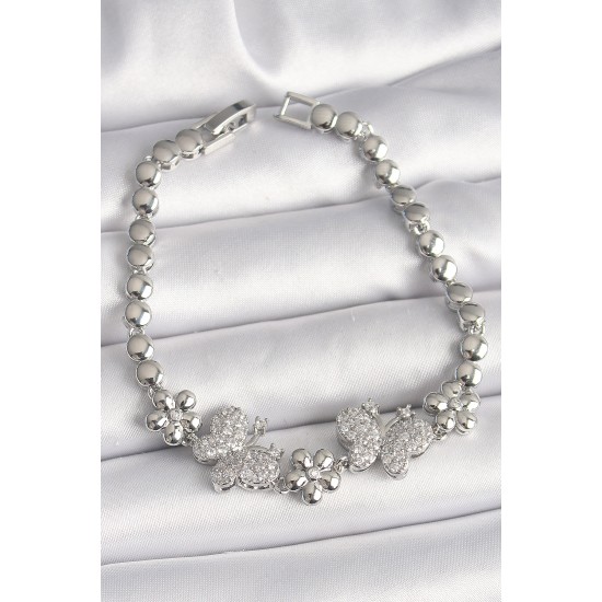 Pirinç Gümüş Renk Zirkon Taşlı Kelebek Figür Çiçek Zincir Model Kadın Bileklik - TJ-BB6827