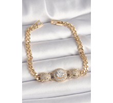 Pirinç Gold Renk Zirkon Taşlı Leopar Figür Zincir Model Kadın Bileklik - TJ-BB6828