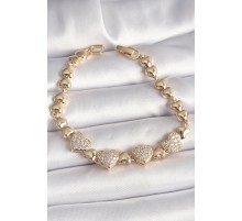 Pirinç Gold Renk Zirkon Taşlı Kalp Zincir Model Kadın Bileklik - TJ-BB6830