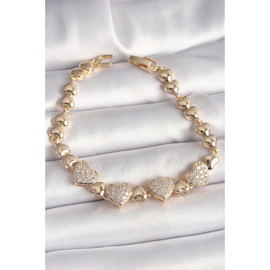 Pirinç Gold Renk Zirkon Taşlı Kalp Zincir Model Kadın Bileklik - TJ-BB6830