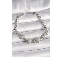 Pirinç Gümüş Renk Zirkon Taşlı Kalp Model Zincir Kadın Bileklik - TJ-BB6831