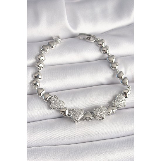 Pirinç Gümüş Renk Zirkon Taşlı Kalp Model Zincir Kadın Bileklik - TJ-BB6831