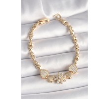 Pirinç Gold Renk Zirkon Taşlı Çiçek Figür Kalp Zincir Model Kadın Bileklik - TJ-BB6832