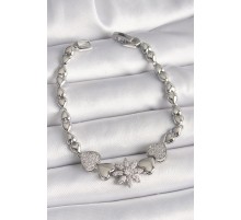 Pirinç Gümüş Renk Zirkon Taşlı Çiçek Figür Kalp Zincir Model Kadın Bileklik - TJ-BB6833