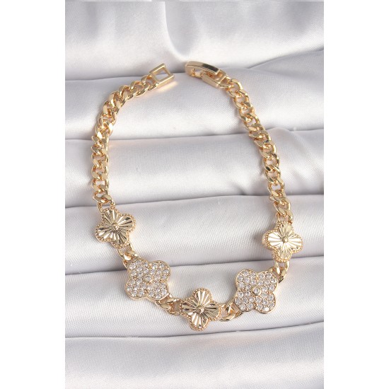 Pirinç Gold Renk Zirkon Taşlı Yonca Model Kadın Bileklik - TJ-BB6836