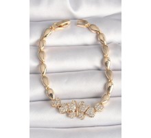 Pirinç Gold Renk Zirkon Taşlı Kelebek Figür Damla Zincir Model Kadın Bileklik - TJ-BB6840