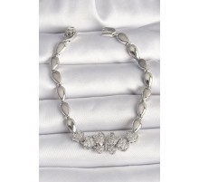 Pirinç Gümüş Renk Zirkon Taşlı Kelebek Figür Damla Zincir Model Kadın Bileklik - TJ-BB6841