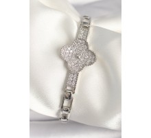 Pirinç Gümüş Renk Zirkon Taşlı Yonca Model Kadın Bileklik - TJ-BB6845