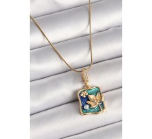 316L Çelik Gold Renk Zincir Zirkon Taş Detaylı Mavi İşlemeli Çiçek Portre Model Kadın Kolye - TJ-BKO9897