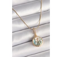 316L Çelik Gold Renk Zincir Zirkon Taş Detaylı Daire Çiçek İşlemeli Portre Model Kadın Kolye - TJ-BKO9898