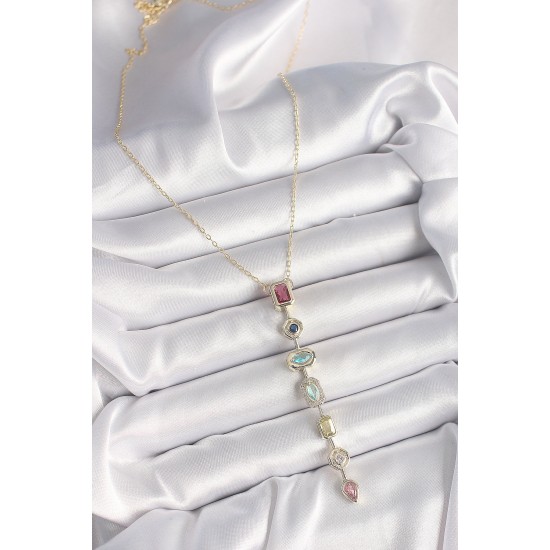 Pirinç Gold Renk Zirkon Taşlı Baget Dekolta Model Kadın Kolye - TJ-BKO9899