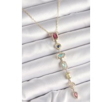 Pirinç Gold Renk Zirkon Taşlı Baget Dekolta Model Kadın Kolye - TJ-BKO9899