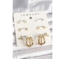 Pirinç Gold Renk Zirkon Taşlı Yıldız Detay Halka Figür 7'Li Set Kadın Küpe - TJ-BKP10321