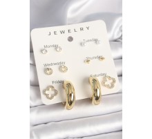 Pirinç Gold Renk Zirkon Taşlı Yonca Halka Figür 7'Li Set Kadın Küpe - TJ-BKP10322