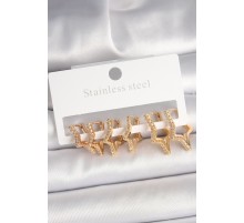Pirinç Gold Renk Zirkon Taşlı 3 Çift Yıldız Model Kadın Küpe - TJ-BKP10332