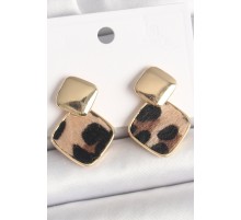 Pirinç Gold Renk Sallant Kare Leopar Desen Model Kadın Küpe - TJ-BKP10341