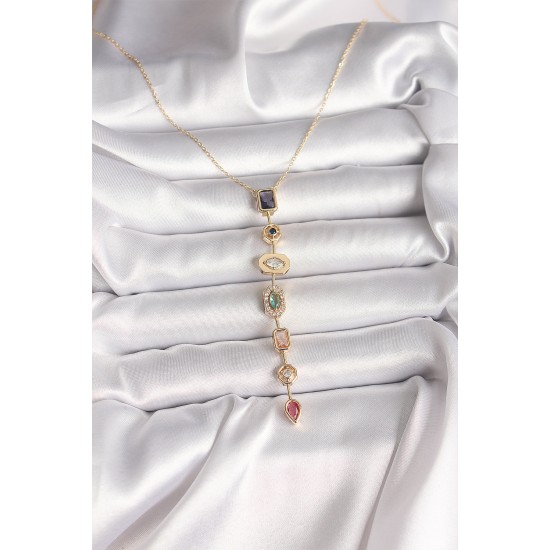 Pirinç Gold Renk Zirkon Taşlı Baget Dekolte Model Kadın Kolye - TJ-BKO9900