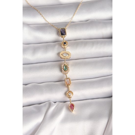 Pirinç Gold Renk Zirkon Taşlı Baget Dekolte Model Kadın Kolye - TJ-BKO9900