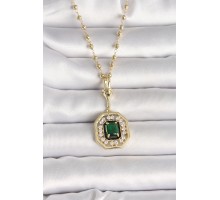 316L Çelik Gold Renk Topçuk Zincir Yeşil Taşlı Seranay Model Kadın Kolye - TJ-BKO9901