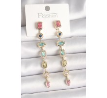 Pirinç Gold Renk Renkli Zirkon Taşlı Sallantı Model Kadın Küpe - TJ-BKP10357