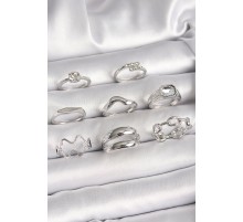 Pirinç Gümüş Renk Zirkon Taşlı Zincir Model Detay Kadın Yüzük Kombini - TJ-BYK3647