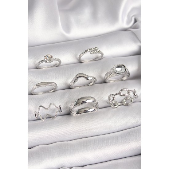 Pirinç Gümüş Renk Zirkon Taşlı Zincir Model Detay Kadın Yüzük Kombini - TJ-BYK3647