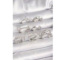 Pirinç Gümüş Renk Beyaz Mineli Kalp Çiçek Detay Kadın Yüzük Kombin - TJ-BYK3648