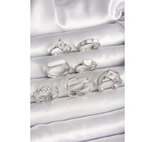 Pirinç Gümüş Renk Beyaz Mineli Kalp Çiçek Detay Kadın Yüzük Kombin - TJ-BYK3648