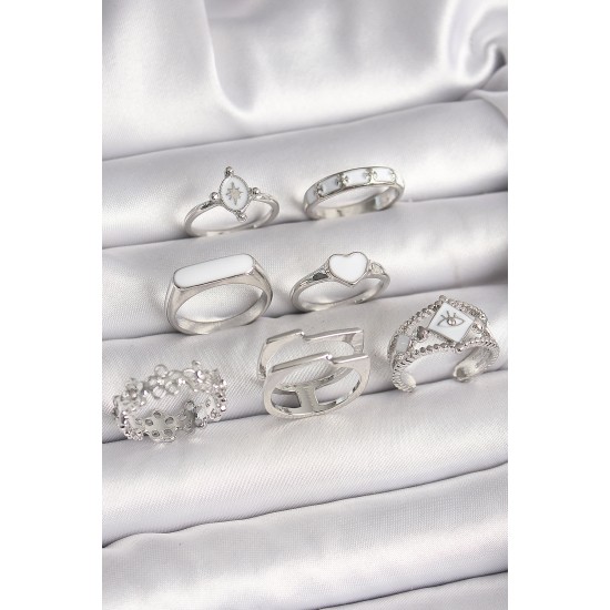 Pirinç Gümüş Renk Beyaz Mineli Kalp Çiçek Detay Kadın Yüzük Kombin - TJ-BYK3648