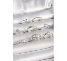 Pirinç Gümüş Renk Nazar Boncuk Detay İncili Kelebek İşlemeli Kadın Yüzük Kombini - TJ-BYK3649