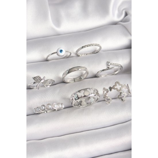 Pirinç Gümüş Renk Nazar Boncuk Detay İncili Kelebek İşlemeli Kadın Yüzük Kombini - TJ-BYK3649