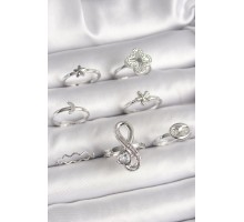 Pirinç Gümüş Renk Yonca Figür Sonsuzluk Zirkon Taşlı Kalp Detay Kadın Yüzük Kombini - TJ-BYK3650