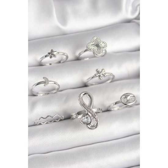 Pirinç Gümüş Renk Yonca Figür Sonsuzluk Zirkon Taşlı Kalp Detay Kadın Yüzük Kombini - TJ-BYK3650