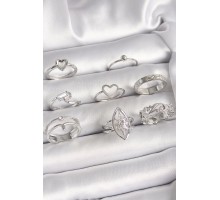 Pirinç Gümüş Renk Zirkon Taşlı Kalp Kutup Yıldız Figür Kadın Yüzük Kombini - TJ-BYK3651