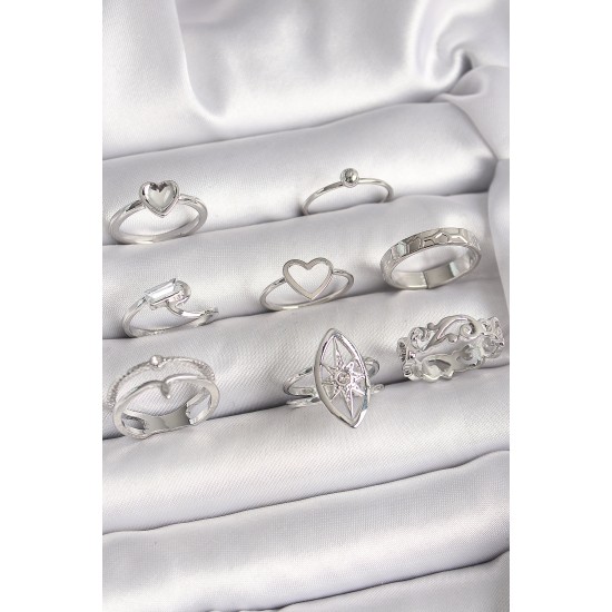 Pirinç Gümüş Renk Zirkon Taşlı Kalp Kutup Yıldız Figür Kadın Yüzük Kombini - TJ-BYK3651