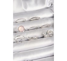 Pirinç Gümüş Renk Pembe Mineli Kemer Düğüm Figür Kadın Yüzük Kombini - TJ-BYK3652