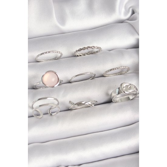 Pirinç Gümüş Renk Pembe Mineli Kemer Düğüm Figür Kadın Yüzük Kombini - TJ-BYK3652