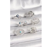 Pirinç Gümüş Renk Nazar Boncuk Zirkon Taş Detaylı Dalga Figür Kadın Yüzük Kombini - TJ-BYK3653